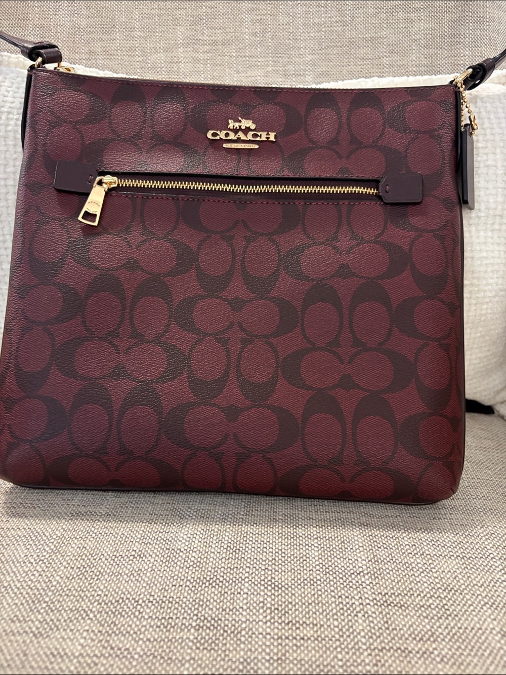 Coach Burgundy and Black Signature Crossbody Bag with Gold Hardware
